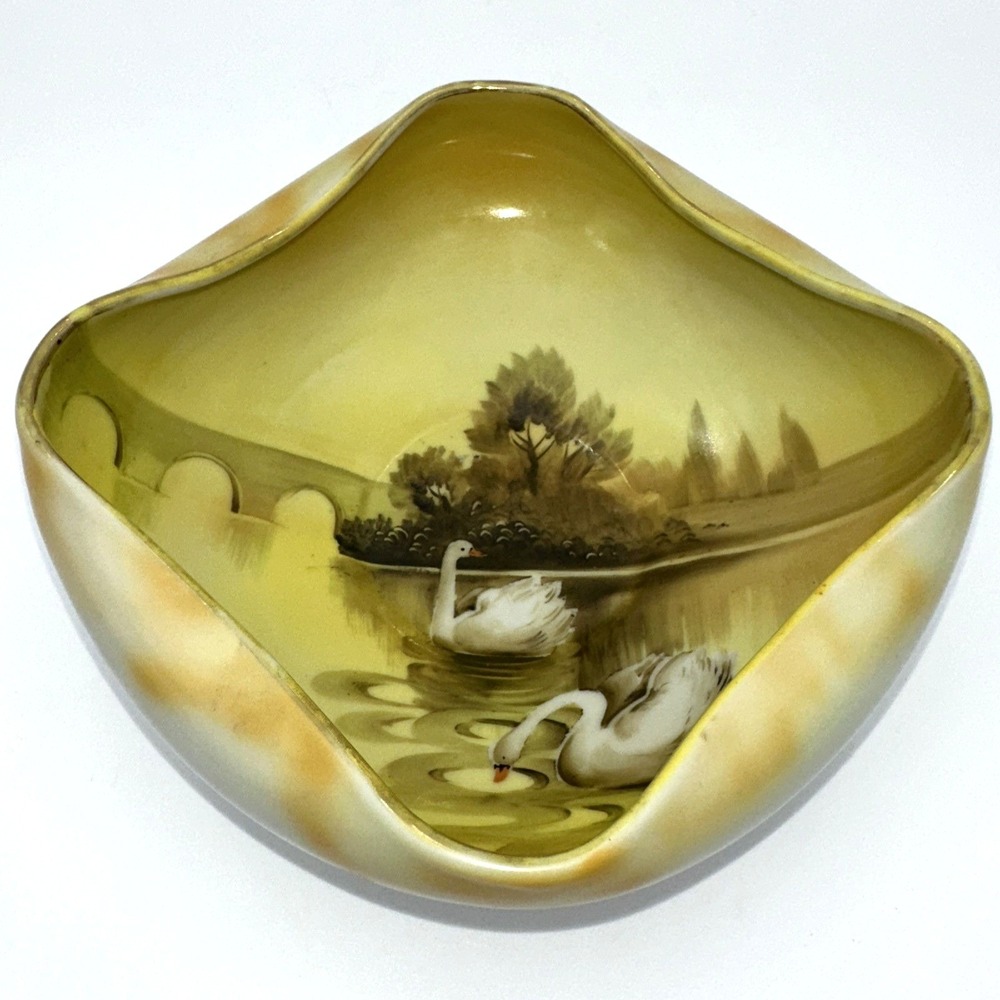 Swan Trinket Bowl Elite Nippon Japan Hand Painted Yellow Gold Porcelain Antique